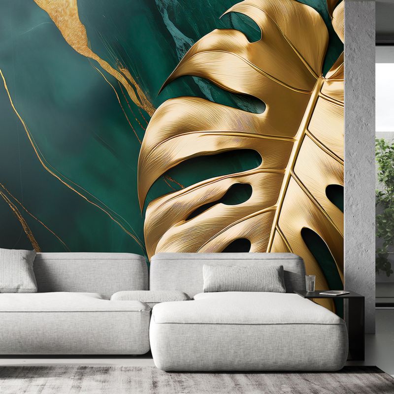 Fototapeta Feeby Monstera Złoty Liść Na Tle Zielonego Marmuru  350x245 1 szt