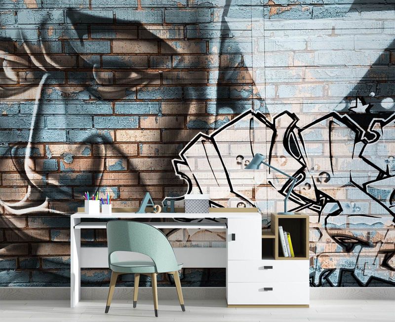 Fototapeta Feeby Niebieska twarz mężczyzny mural na cegle  300x210 1 szt