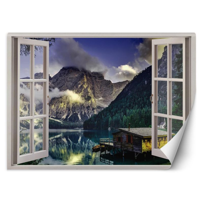 Fototapeta Feeby Okno widok na jezioro domek w górach  280x200 1 szt