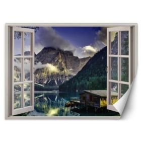 Fototapeta Feeby Okno widok na jezioro domek w górach  280x200 1 szt