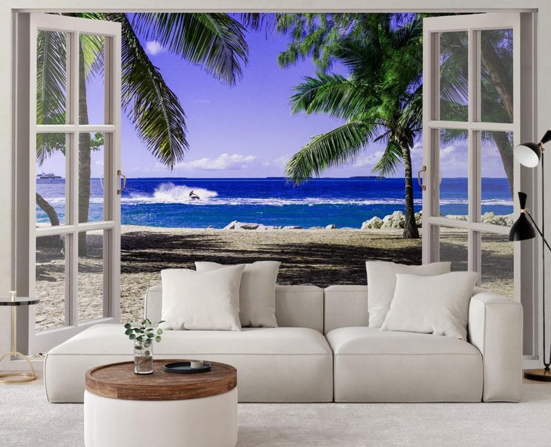 Fototapeta Feeby Okno z widokiem na tropikalną plażę  280x200 1 szt