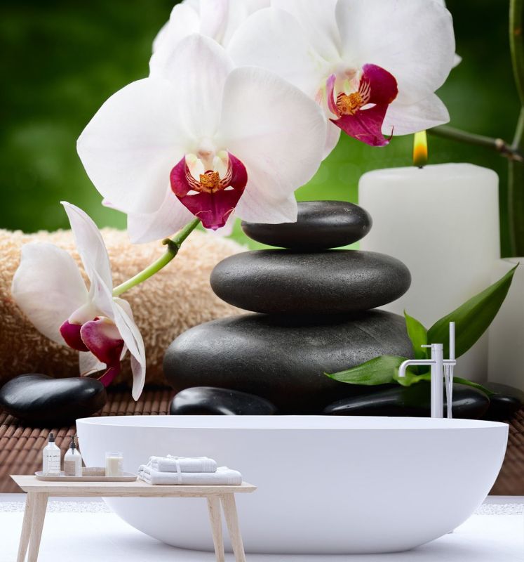 Fototapeta Feeby Orchidea świeczka i kamienie zen w SPA  200x200 1 szt