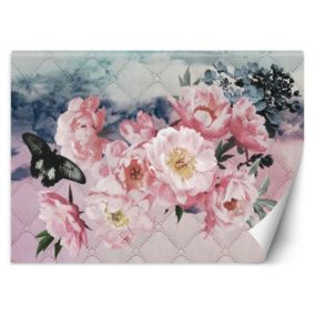 Fototapeta Feeby Piwonie i motyl na pikowanej pastelowej teksturze  300x210 1 szt
