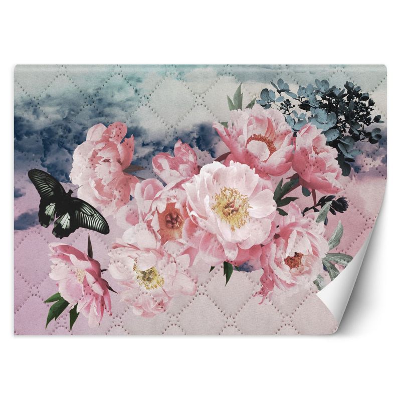 Fototapeta Feeby Piwonie i motyl na pikowanej pastelowej teksturze  350x245 1 szt