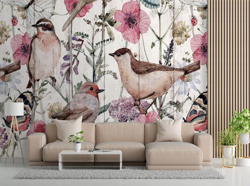 Fototapeta Feeby Ptaki i motyle na łące polne kwiaty  150x105 1 szt