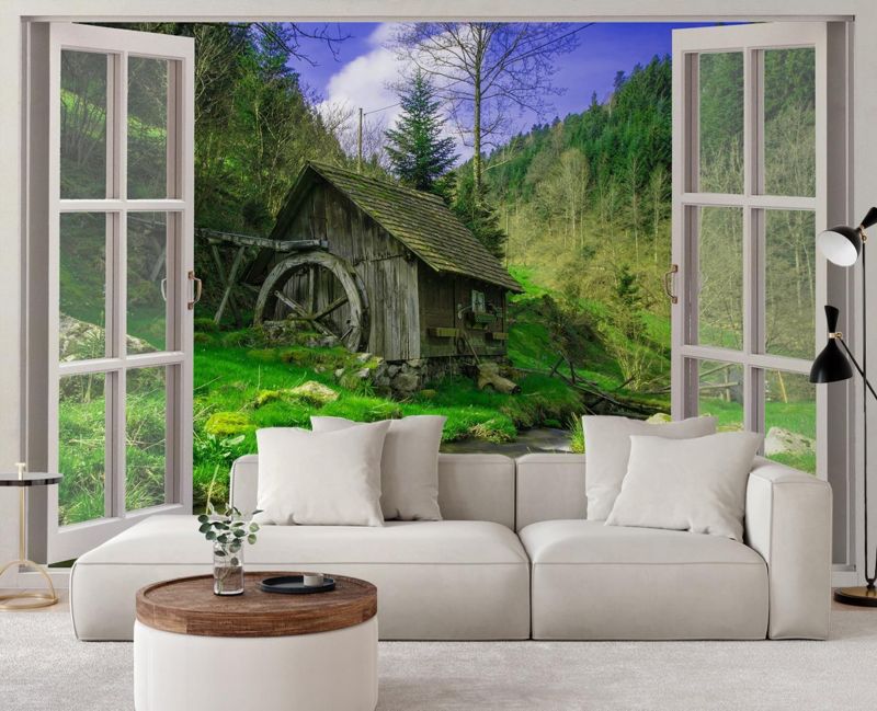 Fototapeta Feeby Widok z okna domek w górach potok  140x100 1 szt