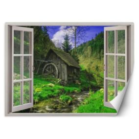 Fototapeta Feeby Widok z okna domek w górach potok  210x150 1 szt