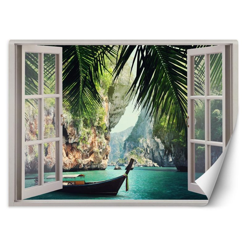 Fototapeta Feeby Widok z okna tropikalna plaża palmy  140x100 1 szt