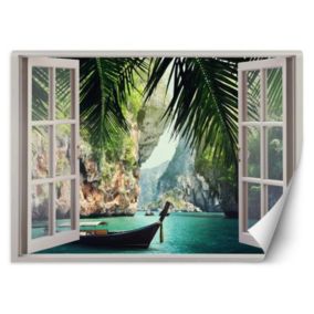 Fototapeta Feeby Widok z okna tropikalna plaża palmy  210x150 1 szt