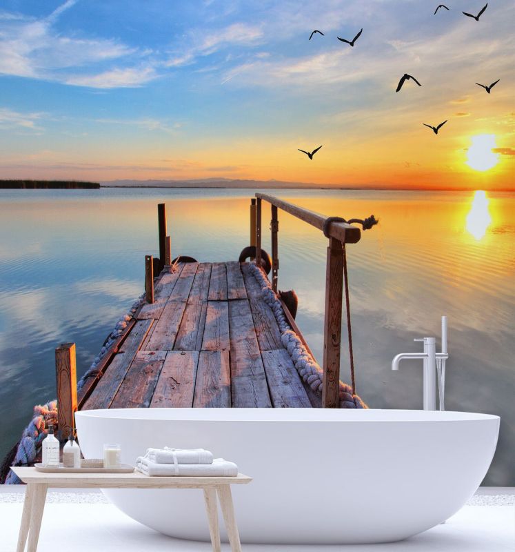 Fototapeta Feeby Zachód słońca nad jeziorem i lecące ptaki  250x250 1 szt