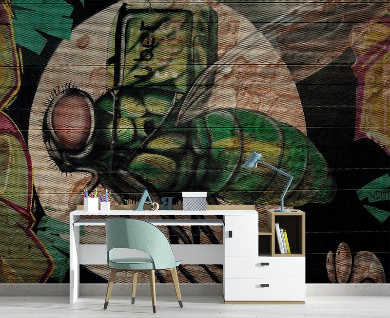 Fototapeta Feeby Zielona mucha i księżyc graffiti na ścianie  200x140 1 szt