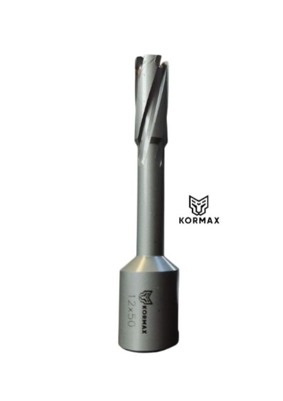 Frez trepanacyjny do metalu z węglika spiekanego Kormax  12x50mm z uchwytem Weldon  - 1 szt.