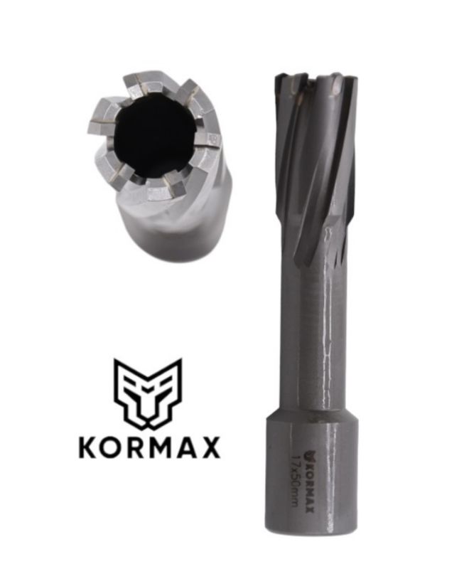 Frez trepanacyjny do metalu z węglika spiekanego Kormax 17x50mm z uchwytem Weldon - 1 szt.