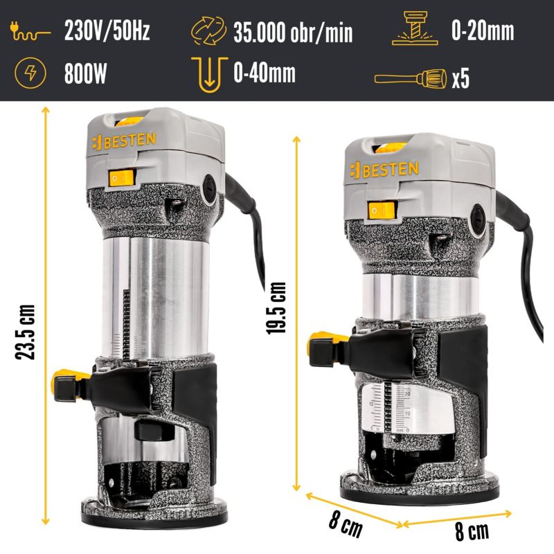 Frezarka górnowrzecionowa BESTEN BE-2536 800W 30 000 RPM 6-biegowa zestaw 15 frezów walizka 1 szt.