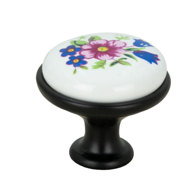Gałka meblowa okrągła B&B czarna z ceramiką i wzorem retro kwiaty 1 szt