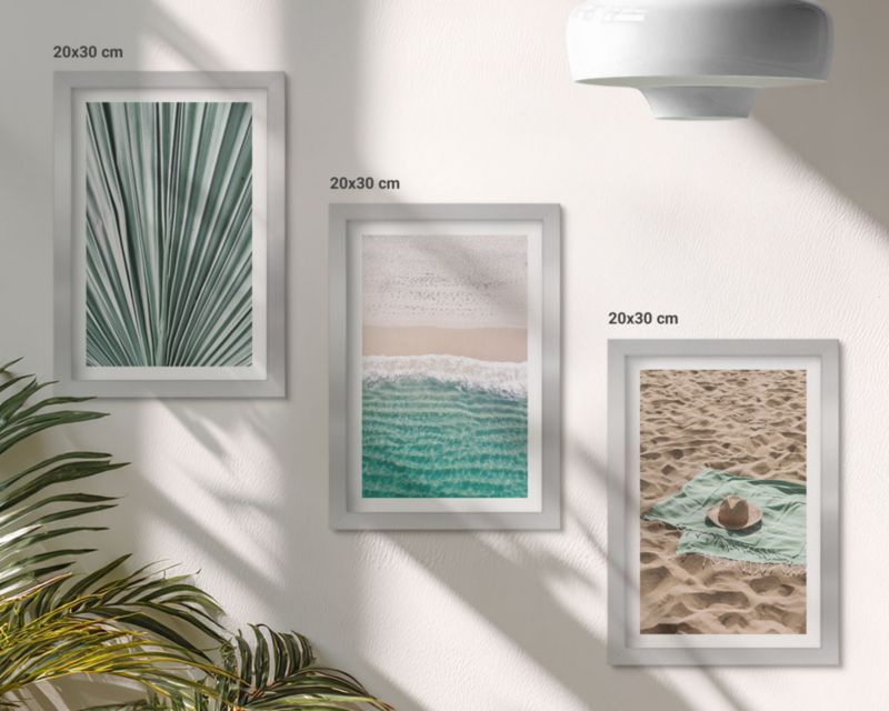 Galeria 3 Obrazów w Srebrnej Ramie ArtPrintCave 20x30 cm Komplet ścienny Wakacyjne widoki plaża morze 1 kpl.