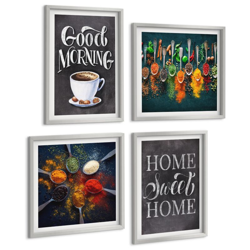 Galeria 4 Obrazów ArtPrintCave (2x50x50+2x40x60cm) Srebrna rama Przyprawy kawa filiżanka zioła 1 kpl.