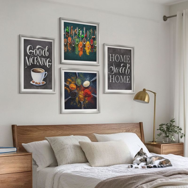 Galeria 4 Obrazów ArtPrintCave (2x50x50+2x40x60cm) Srebrna rama Przyprawy kawa filiżanka zioła 1 kpl.