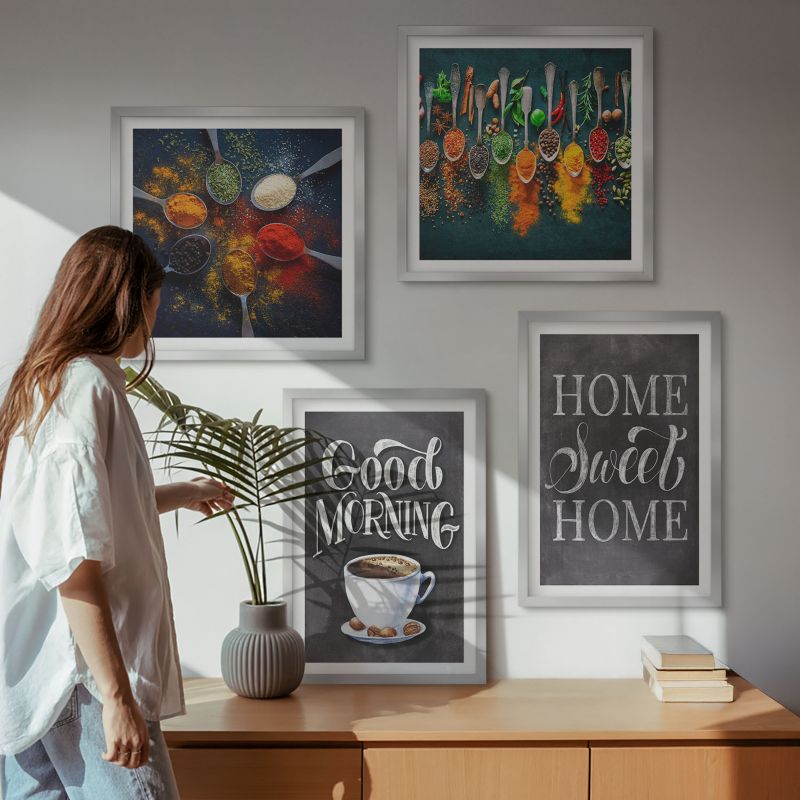 Galeria 4 Obrazów ArtPrintCave (2x50x50+2x40x60cm) Srebrna rama Przyprawy kawa filiżanka zioła 1 kpl.