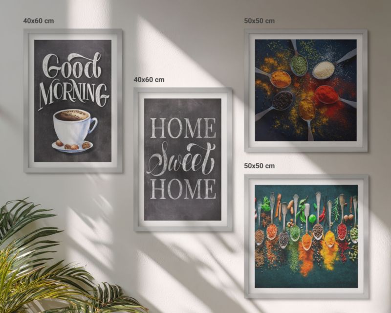 Galeria 4 Obrazów ArtPrintCave (2x50x50+2x40x60cm) Srebrna rama Przyprawy kawa filiżanka zioła 1 kpl.