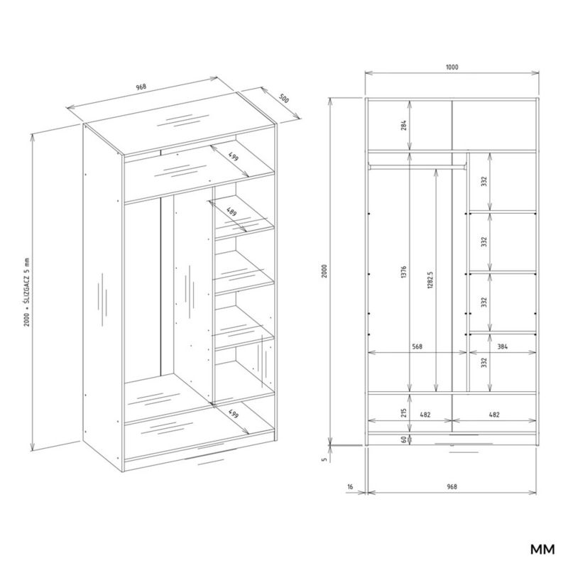 Garderoba Szafa OPENO 1W6P BIAŁA Modułowa Regał z Drążkiem Półki Sypialnia 50x200x100 cm 1 szt.