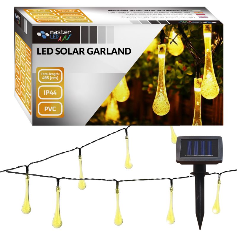 Girlanda LED solarna MasterLED łezka 20xLED 485cm 3000K ciepła biel z czujnikiem zmierzchu IP44 1 szt