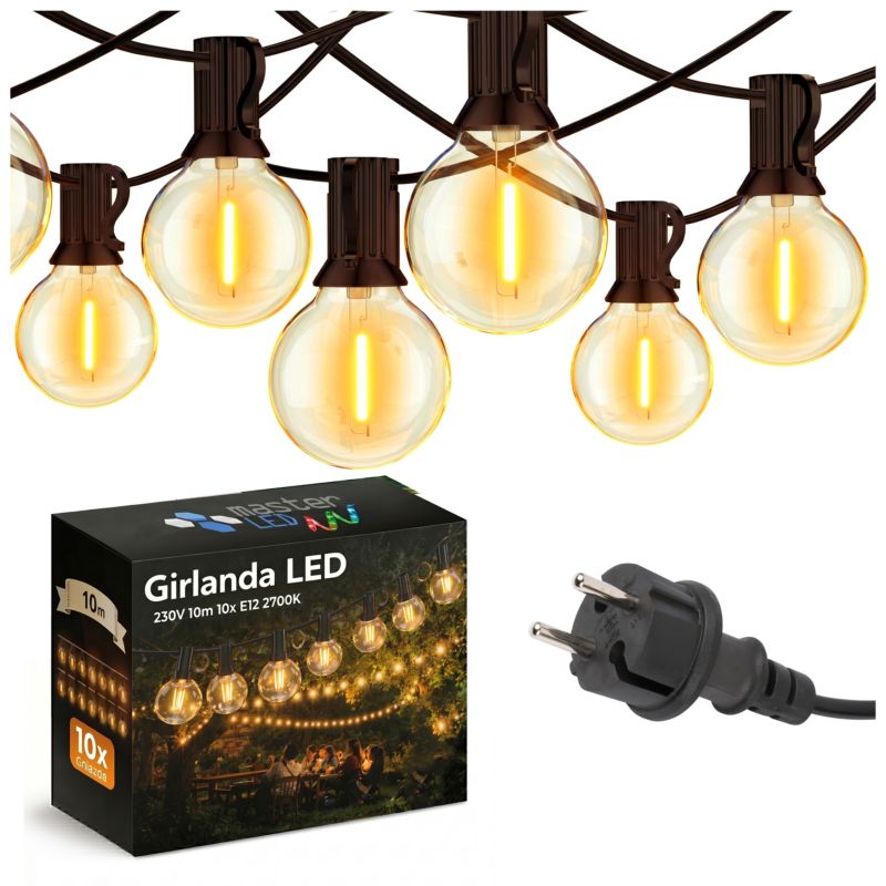 Girlanda ogrodowa świetlna MasterLED 10m 10x żarówka LED E12 2700K wodoszczelna zewnętrzna 1 szt.
