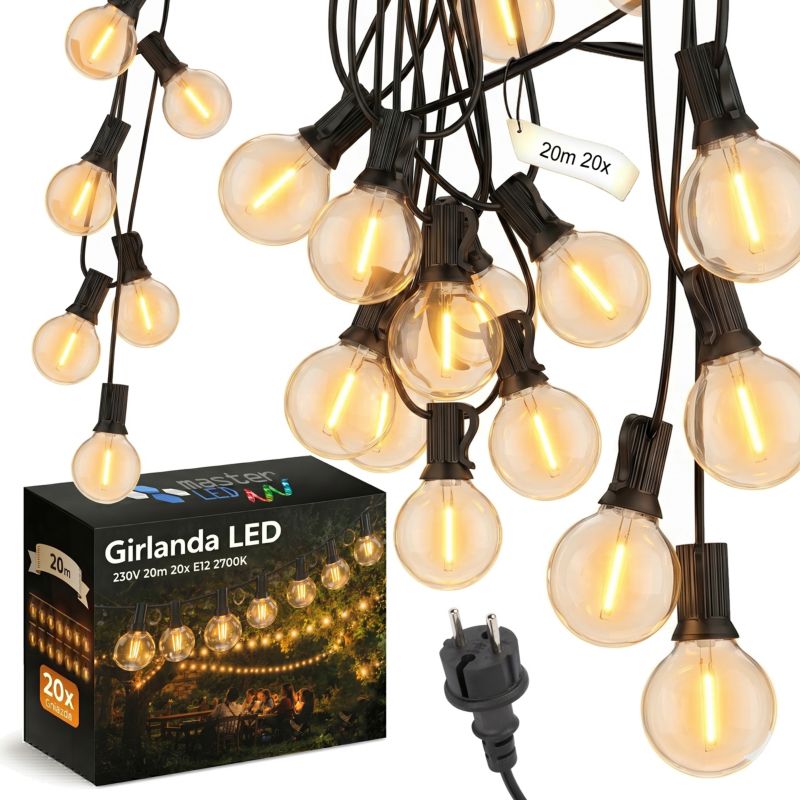 Girlanda ogrodowa świetlna MasterLED 20m 20x żarówka LED E12 2700K wodoszczelna zewnętrzna 1 szt.