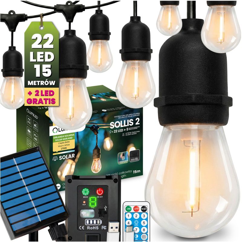 Girlanda Solarna Lumiled Ogrodowa 22x LED Ozdobne Żarówki 15m 2700K z Pilotem IP65 1 szt.