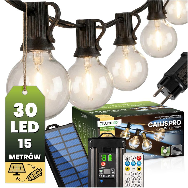 Girlanda Solarna Lumiled Ogrodowa 30x LED Ozdobne Kuleczki 15m 2700K z Pilotem 1 szt.