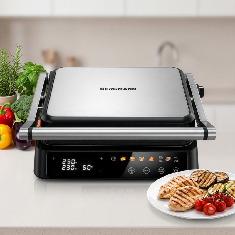 Grill elektryczny kontaktowy BERGMANN AI003 2000 W 8 programów timer kolorowy wyświetlacz LED 1szt.