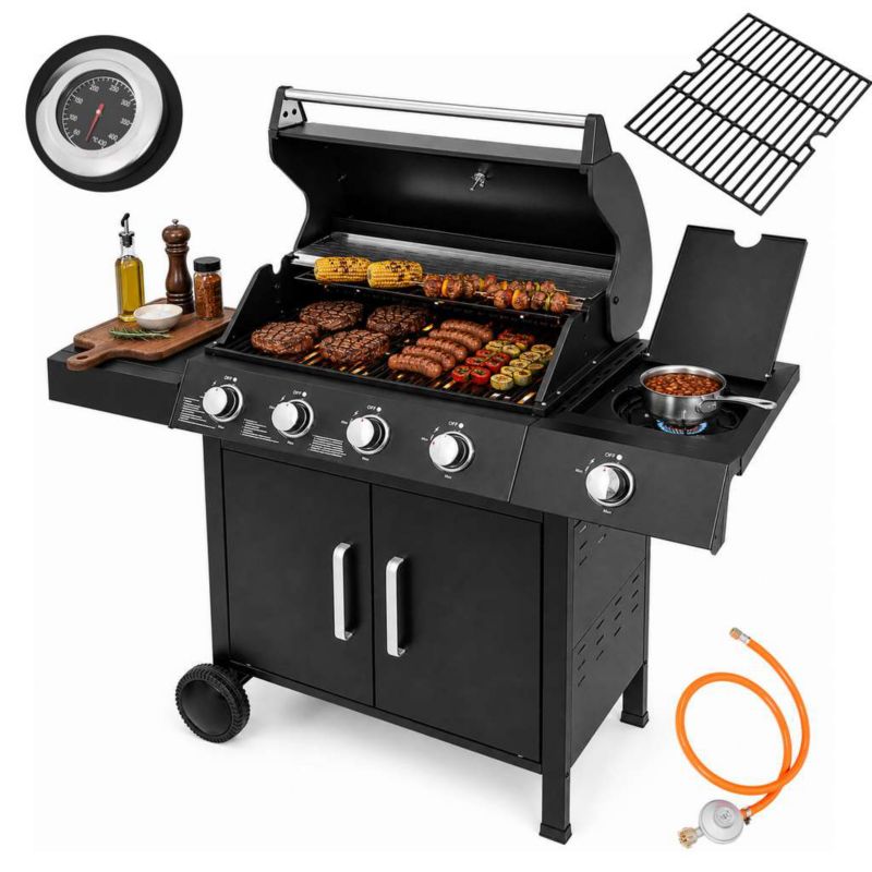 Grill gazowy BERGMANN 4+1 palniki żeliwny ruszt stolik boczny reduktor + wąż gazowy czarny 1szt