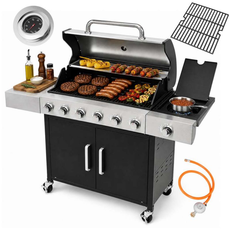 Grill gazowy BERGMANN 6+1 palniki żeliwny ruszt stolik boczny pokrywa ze stali nierdzewnej reduktor + wąż gazowy czarny 1szt