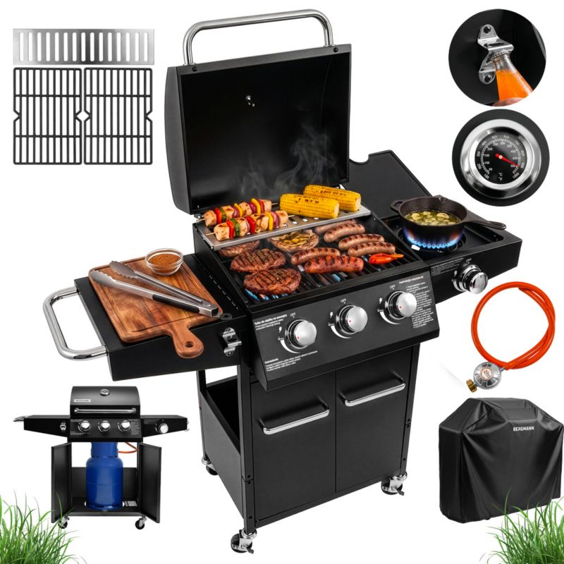 Grill gazowy BERGMANN NL001 3+1 palniki ogrodowy żeliwny ruszt stolik boczny + pokrowiec 1szt.