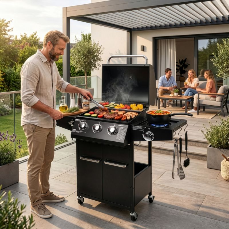 Grill gazowy BERGMANN NL001 3+1 palniki ogrodowy żeliwny ruszt stolik boczny + pokrowiec 1szt.