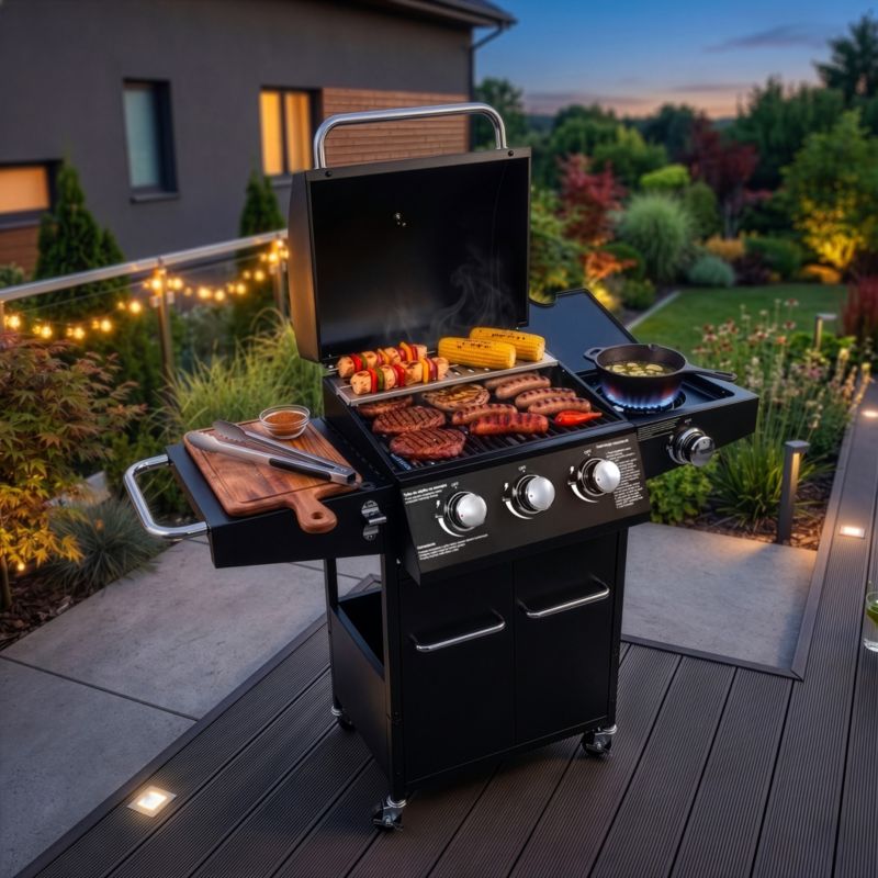 Grill gazowy BERGMANN NL001 3+1 palniki ogrodowy żeliwny ruszt stolik boczny + pokrowiec 1szt.