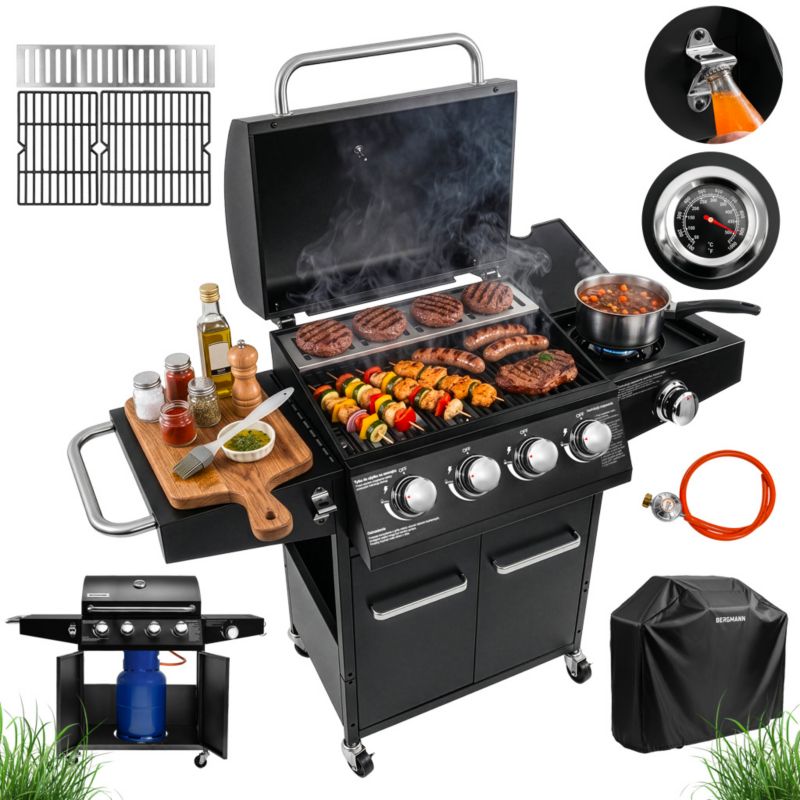 Grill gazowy BERGMANN NL003 4+1 palniki żeliwny ruszt stolik boczny + pokrowiec 1szt.