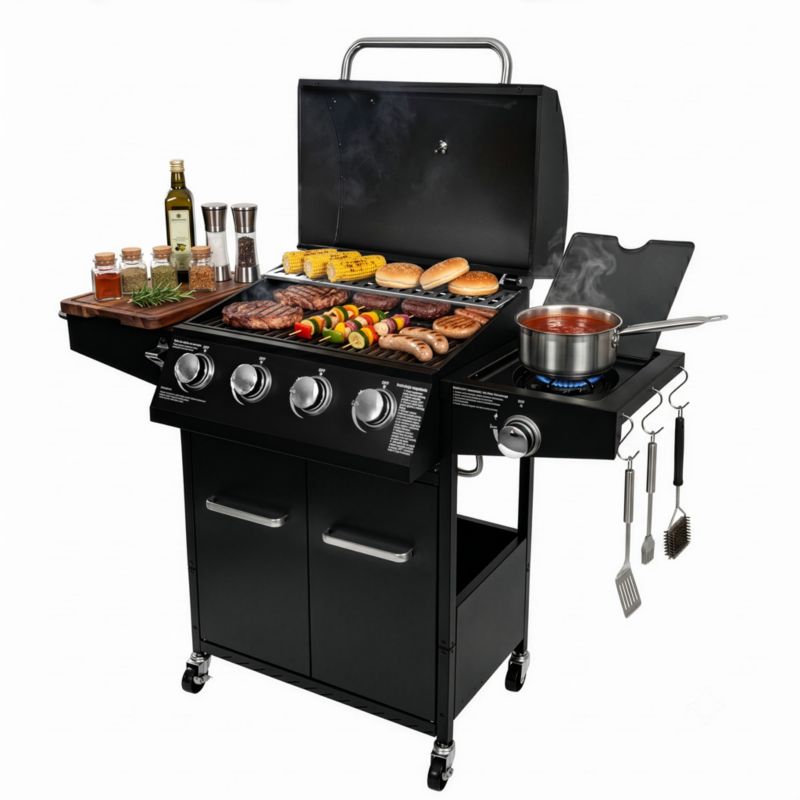 Grill gazowy BERGMANN NL003 4+1 palniki żeliwny ruszt stolik boczny + pokrowiec 1szt.
