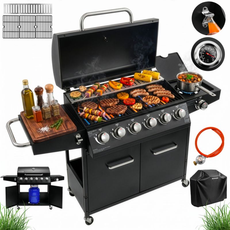 Grill gazowy BERGMANN NL005 6+1 palniki  żeliwny ruszt stolik boczny + pokrowiec 1szt.