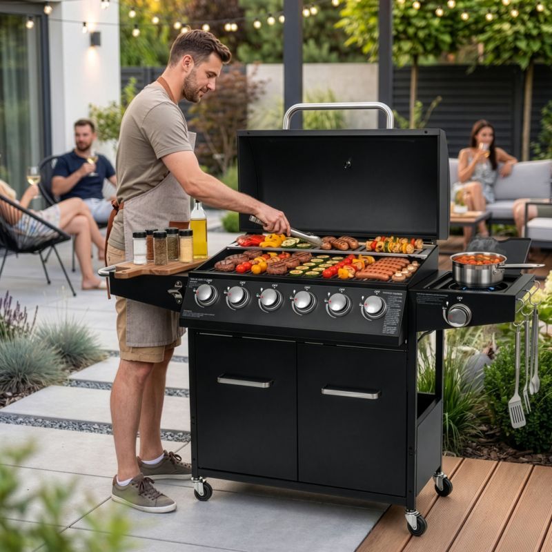 Grill gazowy BERGMANN NL005 6+1 palniki  żeliwny ruszt stolik boczny + pokrowiec 1szt.
