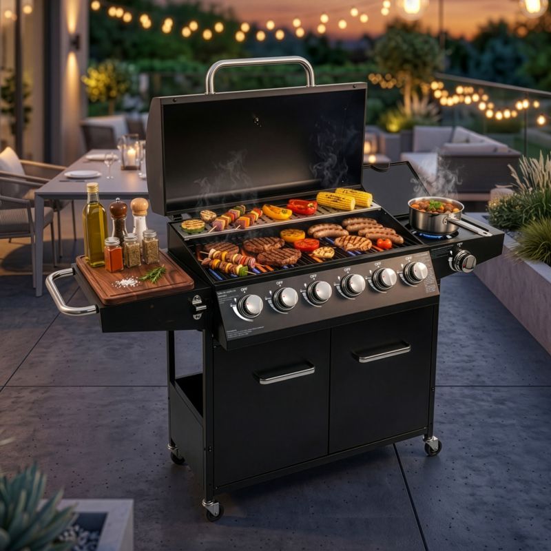 Grill gazowy BERGMANN NL005 6+1 palniki  żeliwny ruszt stolik boczny + pokrowiec 1szt.