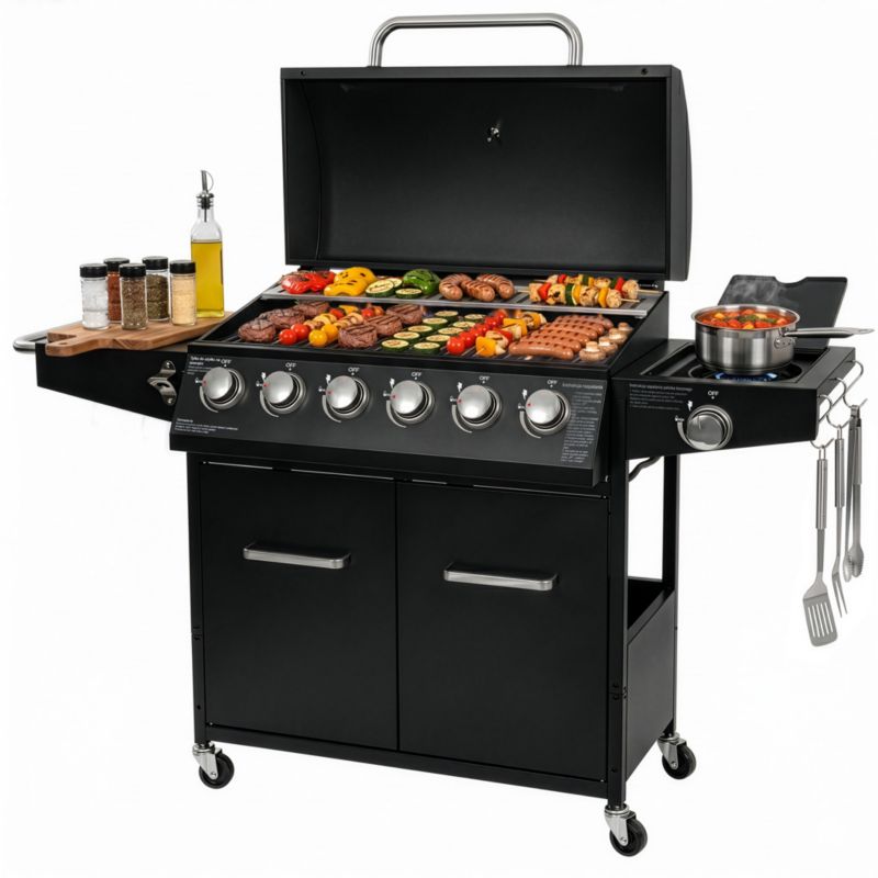 Grill gazowy BERGMANN NL005 6+1 palniki  żeliwny ruszt stolik boczny + pokrowiec 1szt.