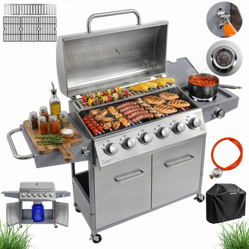 Grill gazowy BERGMANN NL006 6+1 palniki stal nierdzewna żeliwny ruszt stolik boczny + pokrowiec 1szt.