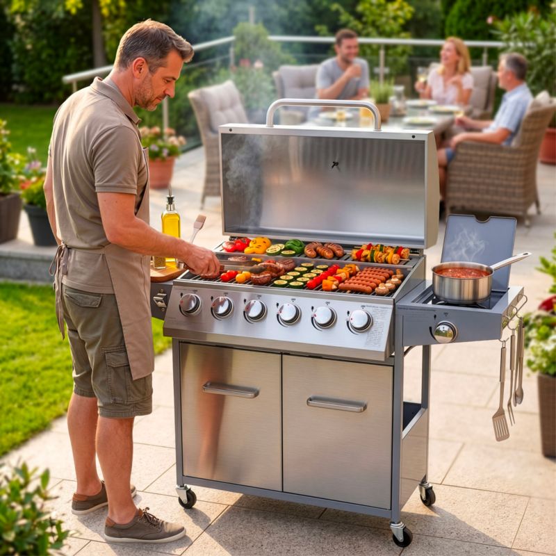 Grill gazowy BERGMANN NL006 6+1 palniki stal nierdzewna żeliwny ruszt stolik boczny + pokrowiec 1szt.