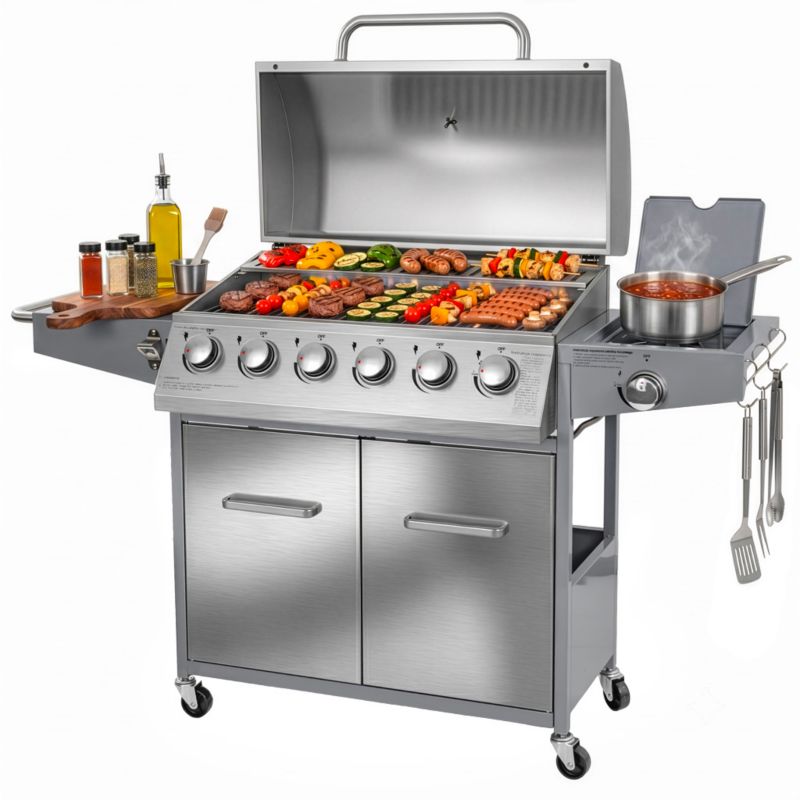 Grill gazowy BERGMANN NL006 6+1 palniki stal nierdzewna żeliwny ruszt stolik boczny + pokrowiec 1szt.