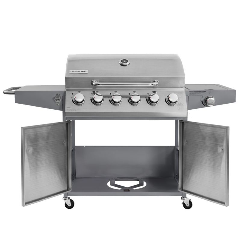 Grill gazowy BERGMANN NL006 6+1 palniki stal nierdzewna żeliwny ruszt stolik boczny + pokrowiec 1szt.