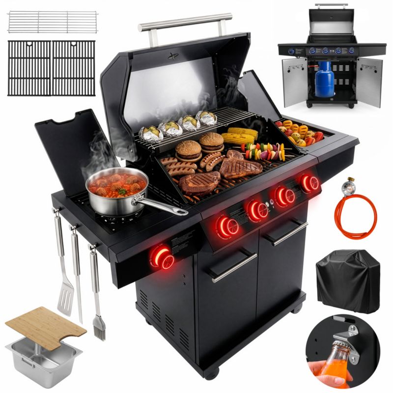 Grill gazowy BERGMANN PREMIUM HU001 4+1 palniki żeliwny ruszt podświetlany panel sterowania + pokrowiec czarny 1szt.