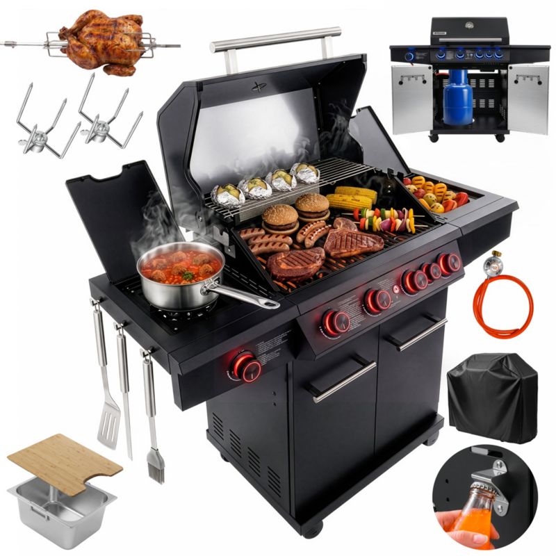 Grill gazowy BERGMANN PREMIUM HU002 4+2 palniki żeliwny ruszt podświetlany panel sterowania + pokrowiec czarny 1szt.