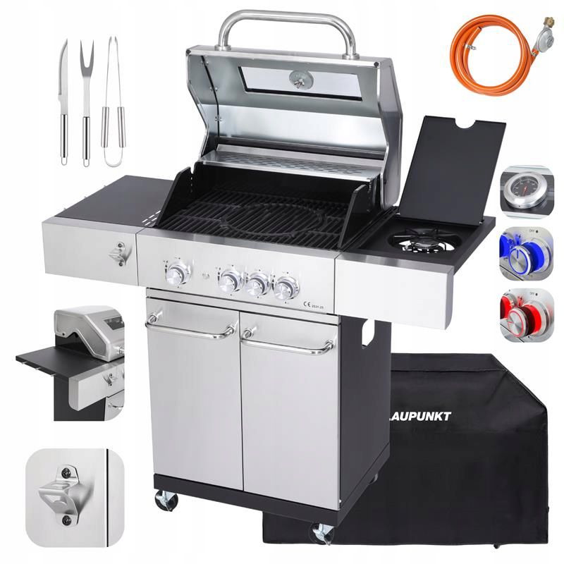 Grill gazowy Blaupunkt 3 PALNIKI + BOCZNY LED Palników Żeliwny 14,8 kW Pokrowiec GG321 1 szt.
