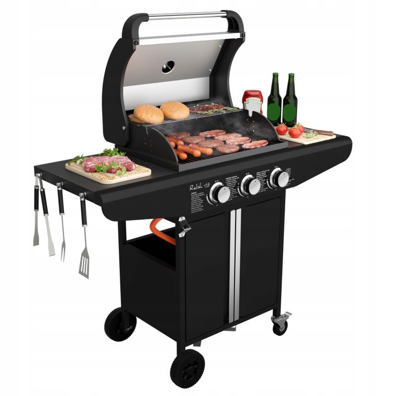 Grill Gazowy Koler Relish V1 Compact Czarny 3 Palniki Nierdzewny 9,6kW + pokrowiec 1 szt.